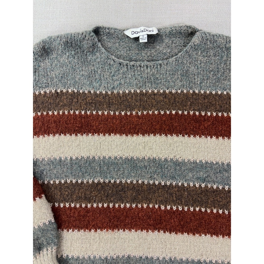 Davi & Dani Women's Knit Sweater Gray Brown Cream Striped Size Small - Picture 3 of 16